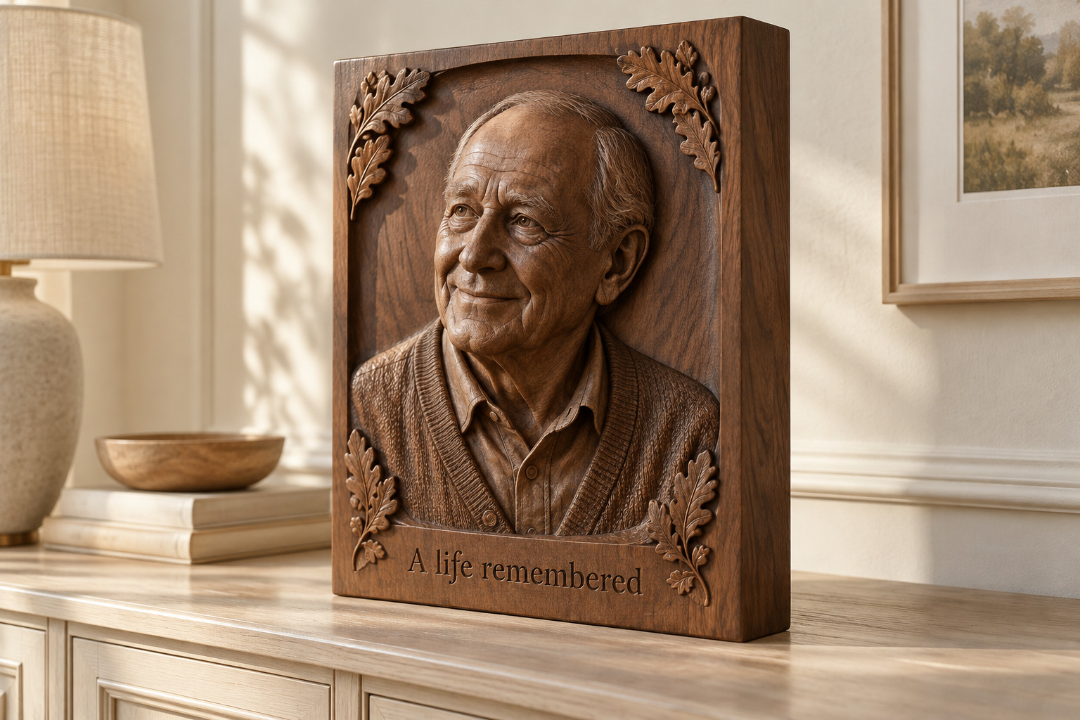 AI-generated concept of a dimensional walnut portrait memorial, shown in full in a welcoming home